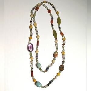 Artisan Multi Natural Stone Agate Glass Beaded Long Layered Boho Necklace